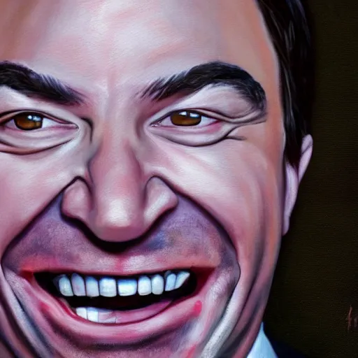 Prompt: hyper realistic painting of jimmy fallon as my sleep paralysis demon