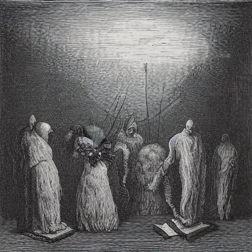 Prompt: Veggietales. Gustave Dore, Woodcut, Black and White.