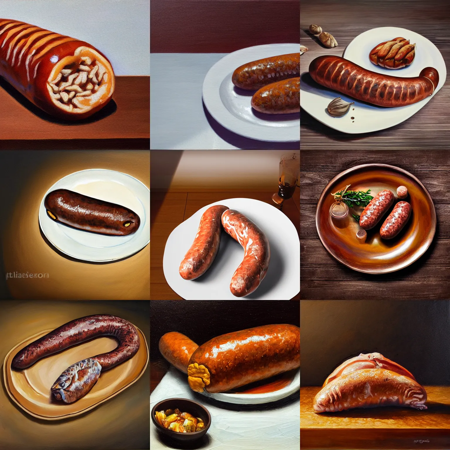 Prompt: realistic oil painting of a brown sausage with fish head, white plate and wooden table on background, dramatic lighting