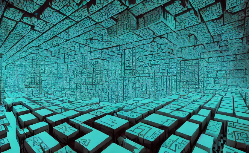 Image similar to interior of an elaborate labyrinth of runic cubes, dark teal, endless maze - like runes, ultrarealistic beautiful cinematic lighting, sharp focus, masterpiece by satoshi kon, crystal cubism, greeble, tesseract, darksynth, high definition