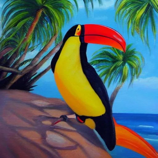 Prompt: toucan relaxing on an island beach with palm trees detailed oil painting