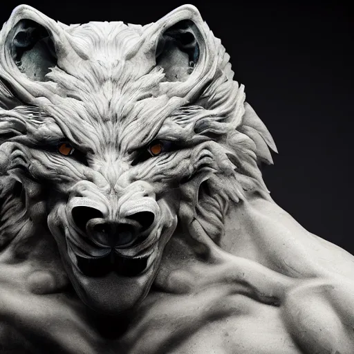 Image similar to a delicate marble sculpture dramatic portrait of a werewolf covered with water veil, highly detailed marble cloth, gi, global illumination, physically based rendering, photorealistic, top light, dark background