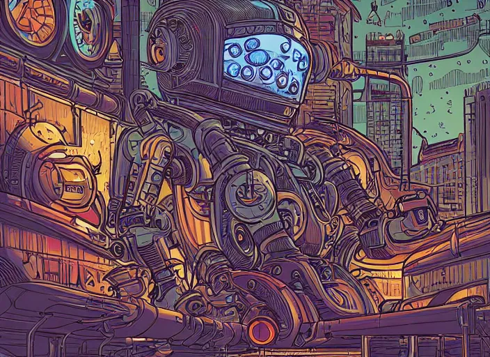 Prompt: A detailed illustration of a robot by Dan Mumford, beautifully illustrated