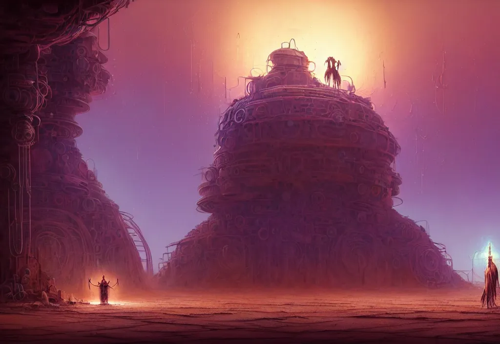 Prompt: A techno-magical male-shaman in shamanistic robes performs a ritual to resurrect a mechanical horse in a huge steel ancient ruins covered of dunes of sand. Art by Finnian MacManus, Simon Stalenhag. Masterpiece, fantasy art, cinematic, hyperdetailed, sigils, photorealistic, cyberpunk, postapocalyptic, steampunk, hyperrealism, octane render, 8k