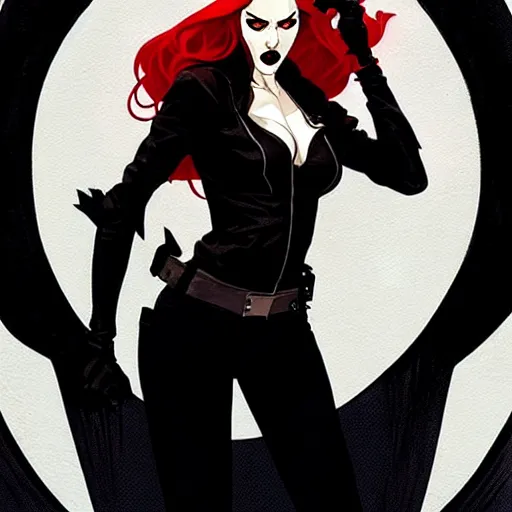 Image similar to rafael albuquerque comic art, peter mohrbacher, steve niles, phil noto, artgerm, pretty scarlett johansson vampire sharp vampire teeth open mouth, symmetrical eyes, black leather jacket, jeans, long blonde hair