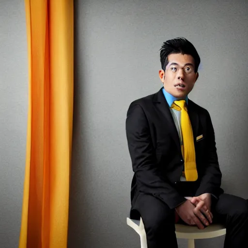 Prompt: asian man in suit and yellow tie distraught wearing birthday hat, realistic photo, portrait, sitting down, office setting