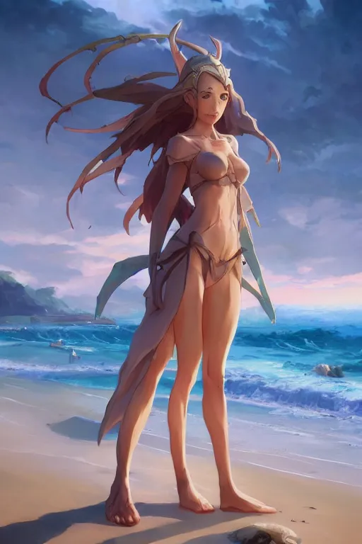 Prompt: an elven girl standing on the beach. By Makoto Shinkai, Stanley Artgerm Lau, WLOP, Rossdraws, James Jean, Andrei Riabovitchev, Marc Simonetti, krenz cushart, Sakimichan, trending on ArtStation, digital art.