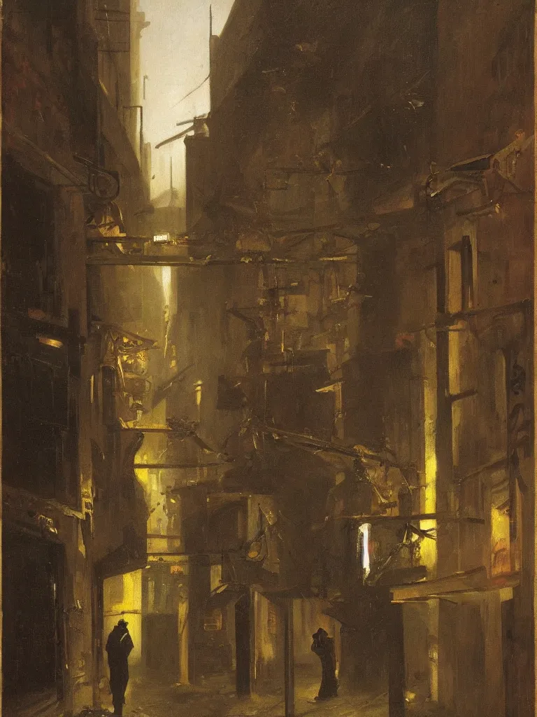 Prompt: a dark alley with abandoned buildings, a nightclub with neon signs by carl spitzweg and edward hopper