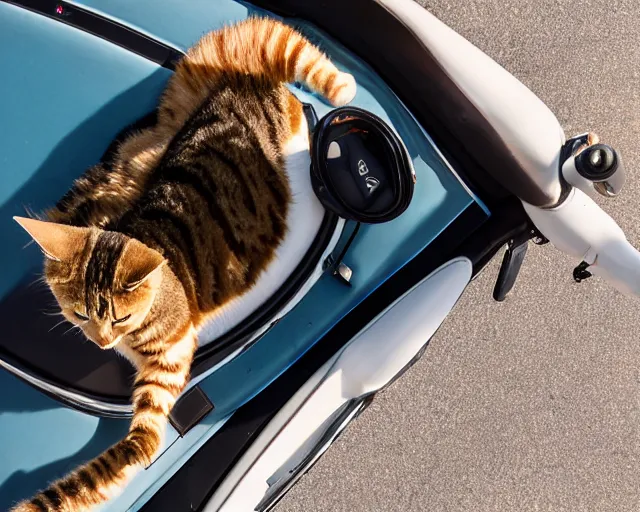 Prompt: top view of convertible, cat sitting in driver seat with paws on steering wheel, golden hour