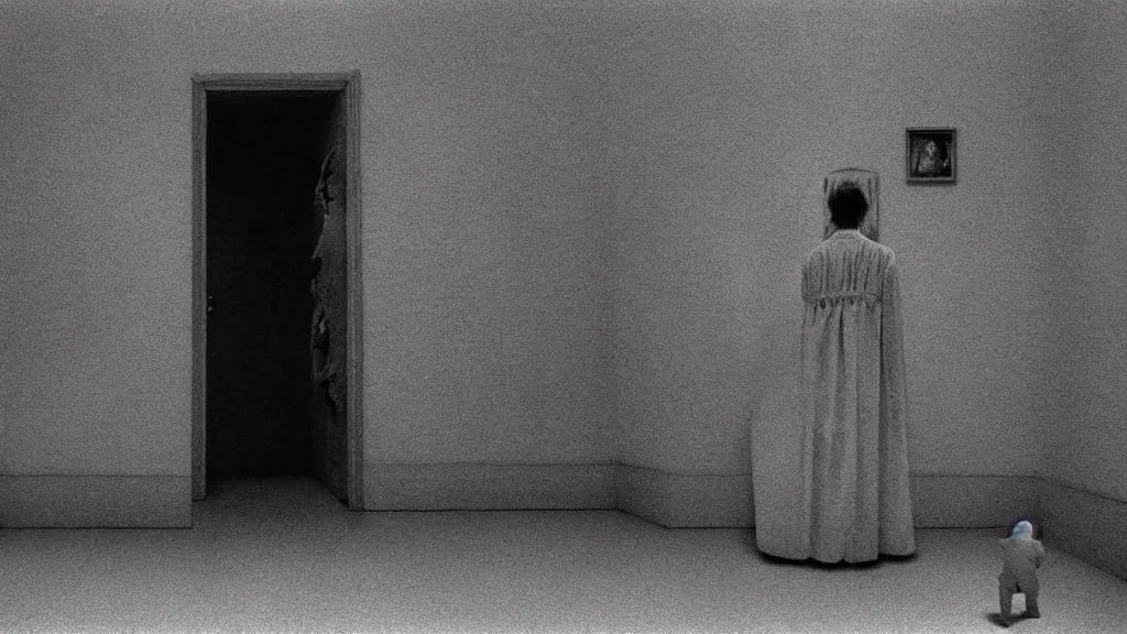 Image similar to an abnormal monster watches us from the closet, film still from the movie directed by Wes Anderson with art direction by Zdzisław Beksiński, wide lens