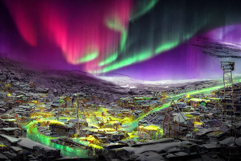 Image similar to favela winding cybernetic thrill ride, snowy arctic environment, blooms, industrial factory, bright, aurora borealis, award winning art, epic dreamlike fantasy landscape, ultra realistic,