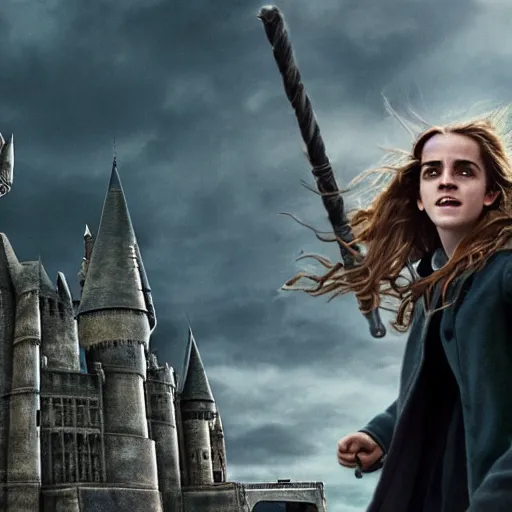 Image similar to Photo of Emma Watson as Hermione Granger using a tank in Hogwarts