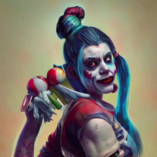 Prompt: Portrait of Harley Quinn but she's a beautiful ape kid with long pony tails on either side of her head, mayhem, illustration, by James Jean, artgerm, octane render, by John Coltrane and Marc Simonetti, Manic, inspired by Greg rutkowski, colorful, high detail of the face, full body