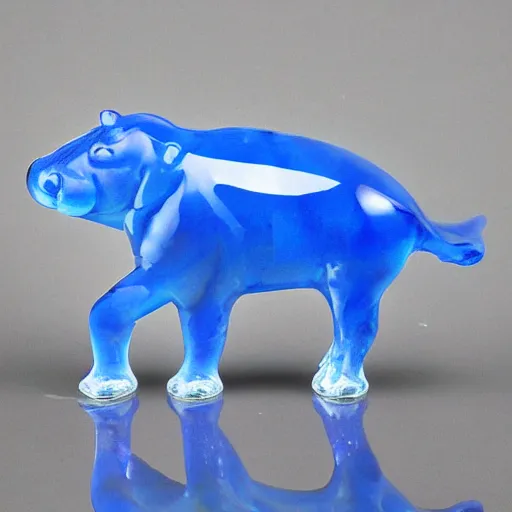 Prompt: a clear blue epoxy resin figurine of a hippo, it has carved wooden legs