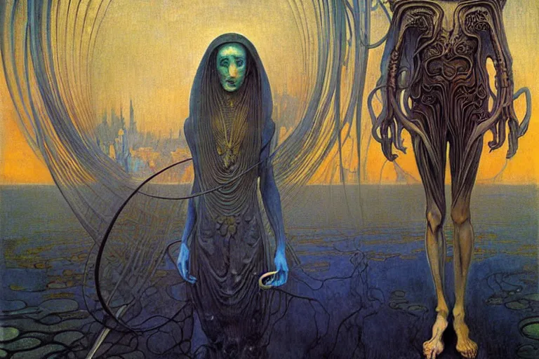 Image similar to realistic extremely detailed portrait painting of an elegantly creepy vampire man in cape, futuristic sci-fi landscape on background by Jean Delville, Amano, Yves Tanguy, Alphonse Mucha, Ernst Haeckel, Edward Robert Hughes, Roger Dean, rich moody colours, blue eyes