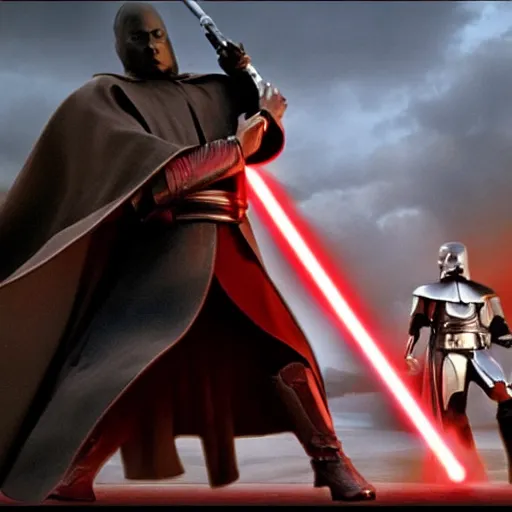 Prompt: battle of the heroes, dramatic composition, bloom, post processing, movie still from revenge of the sith