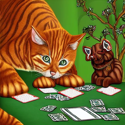 Image similar to digital art of ginger striped cat sitting at a table playing cards with an ox dressed in a green suede suit