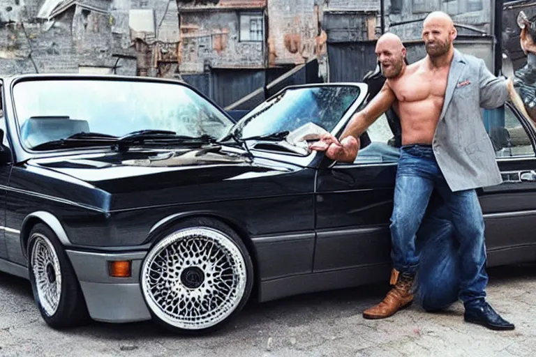 Prompt: giant Jason Statham picks up a BMW e30