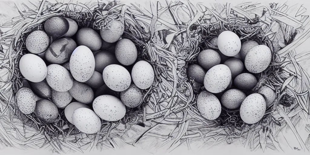 Prompt: an ultra - detailed pen drawing of smurfettes and color eggs.