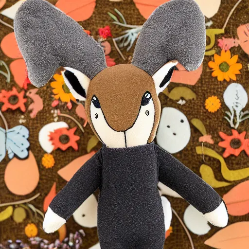 Image similar to a happy deer plush doll with forest background