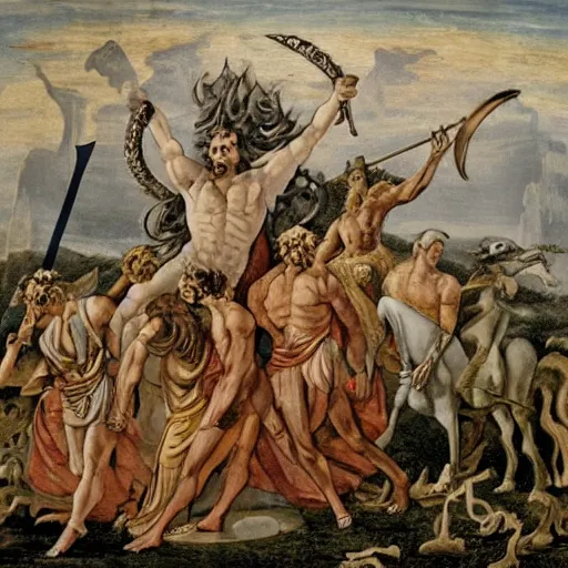 Image similar to The land art depicts the mythical hero Hercules in the moments after he has completed one of his twelve labors, the killing of the Hydra. Hercules is shown standing over the dead Hydra, his body covered in blood and his right hand still clutching the sword that slew the beast. His face is expressionless, betraying neither the exhaustion nor the triumph that must surely accompany such a feat. double exposure by Mikalojus Konstantinas Ciurlionis, by Filip Hodas distorted