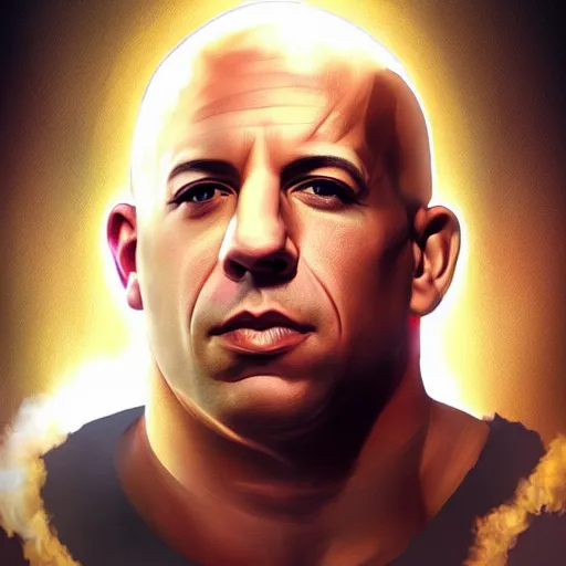 Prompt: Portrait of Vin Diesel as a angel with a halo above the head, digital art, trending on artstation, detalied,