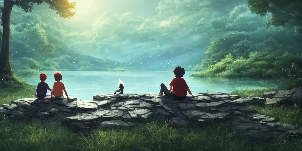 Image similar to a silver dragon and a boy sitting next to lake in forest, many fireflys, at night, concept art, dof, cryengine, digital art, detailed background, makoto shinkai