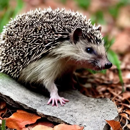 Prompt: a photo of a hedgehog talking to a sad squirrel.