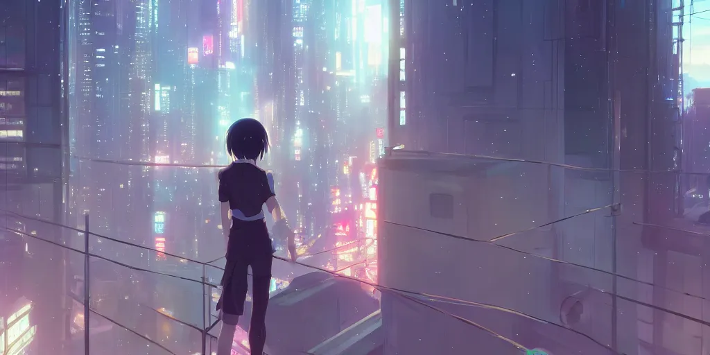 Image similar to beautiful anime painting of a woman looking out of the balcony to the cyberpunk city, by makoto shinkai, kimi no na wa, artstation, atmospheric.