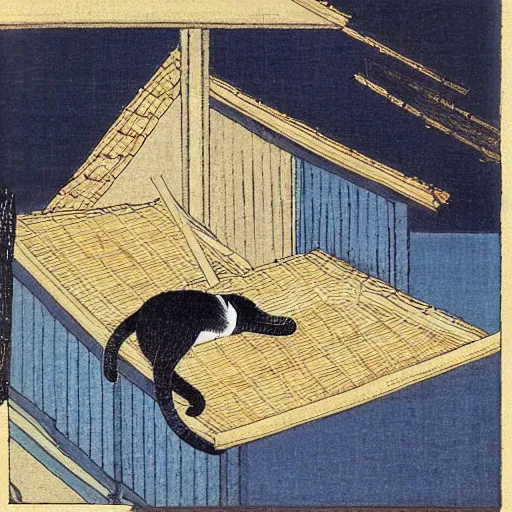 Image similar to “ a cat on a hot tin roof, by hokusai ”