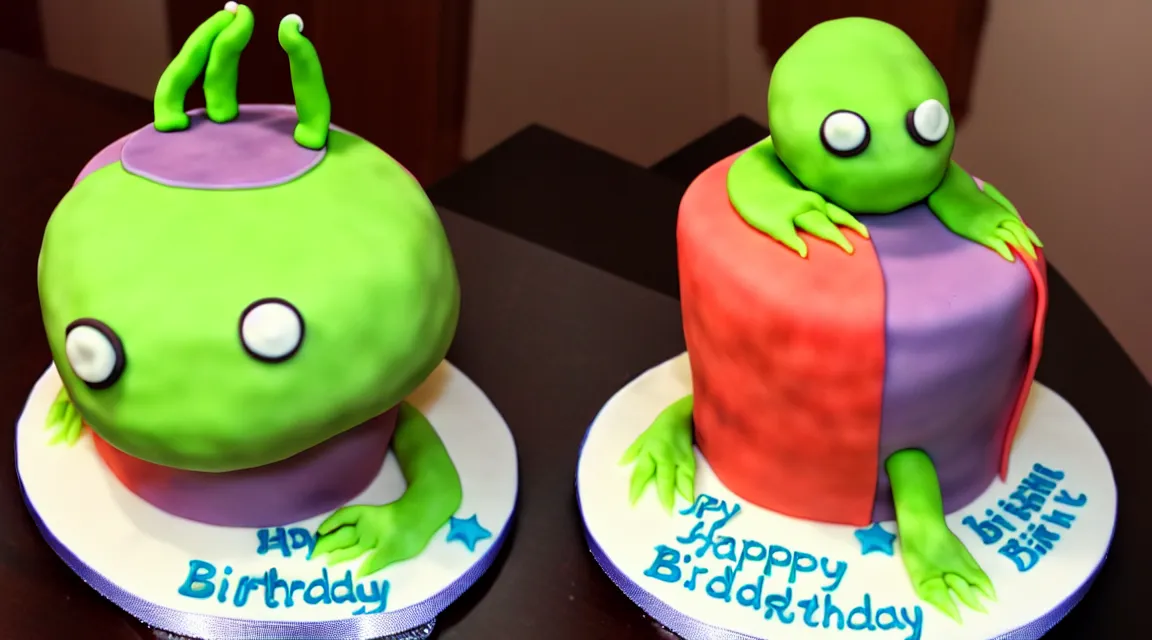 Image similar to beautiful birthday cake with an alien figure