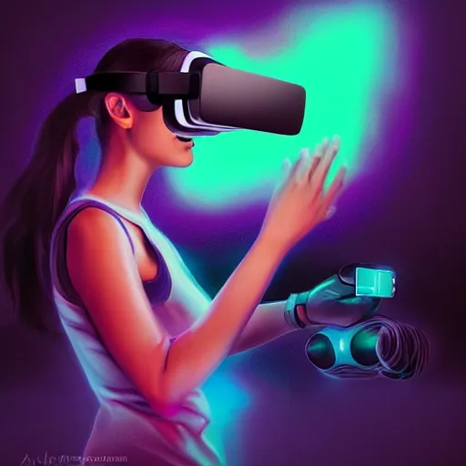 Prompt: portrait art of a woman playing with a vr headset in a cyan and purple lit room art by artgerm