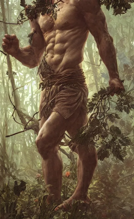 Image similar to god of the forest, rocksteady, rugged, handsome, male, detailed face, clean lines, atmospheric lighting, amazing, full body, thighs, flowers, muscular, intricate, highly detailed, digital painting, deviantart, concept art, sharp focus, illustration, art by greg rutkowski and alphonse mucha