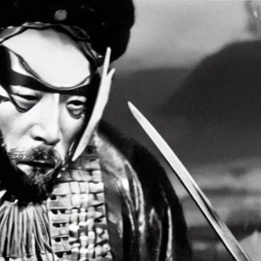 Image similar to film still of goldberg as samurai, cinematic, hollywood scene,