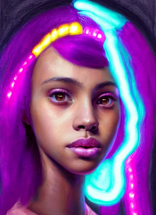 Image similar to portrait of teenage vanessa morgan with bright pink hair, black girl, curly pixie cut hair, wearing a purple breton cap, breton cap, hoop earrings, intricate, elegant, glowing lights, highly detailed, digital painting, artstation, concept art, smooth, sharp focus, illustration, art by wlop, mars ravelo and greg rutkowski