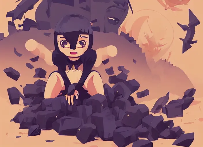 Image similar to cute smiling demon sitting on a pile of skulls. clean cel shaded vector art. behance hd by lois van baarle, artgerm, helen huang, by makoto shinkai and ilya kuvshinov, rossdraws, illustration, art by ilya kuvshinov