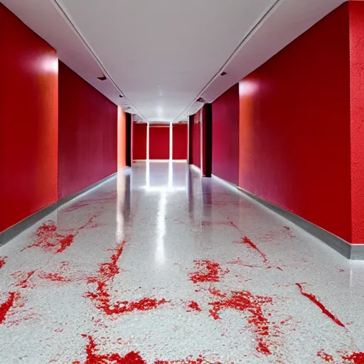 Image similar to minimalist hallway full of red hazmats, unknown location, clean, stucco walls, shiny floors, cinematic