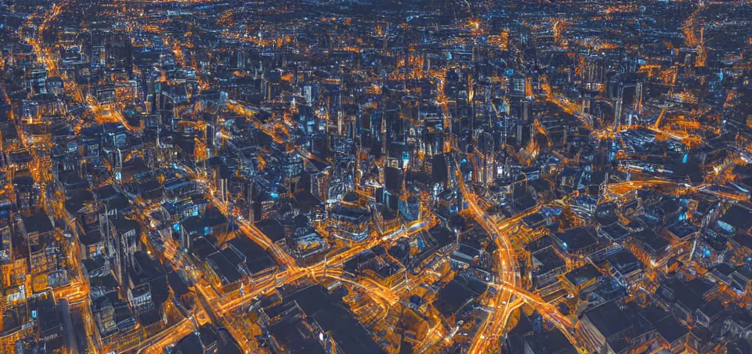 Prompt: high angle view of a stock of giant steel mandales, extruded charcoal interior displays a detailed city at night, wide angle photo, f8 aperture