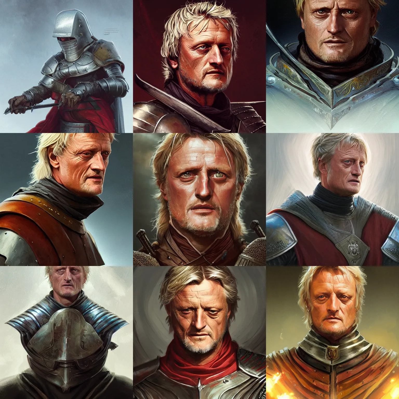 Prompt: medieval knight, rutger hauer, headshot, D&D, painted fantasy character portrait, highly detailed, digital painting, artstation, concept art, sharp focus, illustration, art by artgerm and greg rutkowski and alphonse mucha