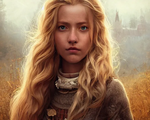 Image similar to epic cinematic shot of beautiful scandinavian princess with symmetrical face stunning eyes and long blonde hair versus german shephard dog, weta disney pixar, hi - fructose, decadent highly - detailed digital painting, golden ratio, octane render, artstation, cinematic composition, smooth, sharp focus, artgerm, mucha, loish, wlop hdr