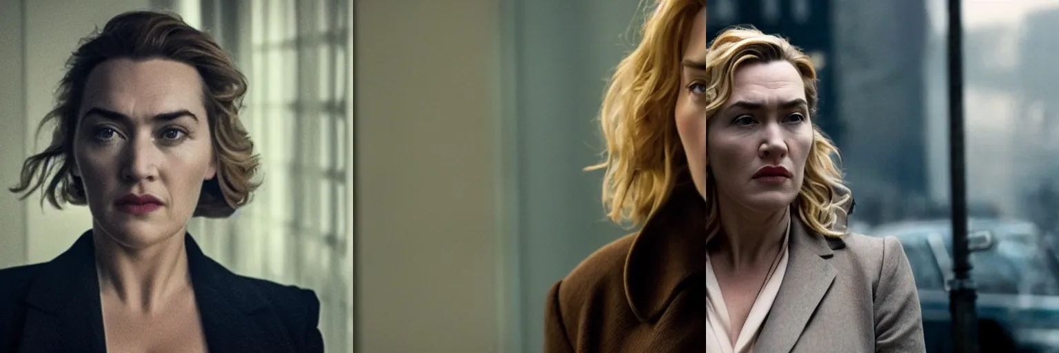 Prompt: close-up of Kate Winslet as a detective in a movie directed by Christopher Nolan, movie still frame, promotional image, imax 70 mm footage