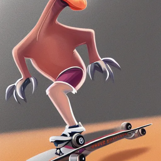 Prompt: Full body portrait of a skater ostrich, digital painting, highly detailed, retro, artstation, concept art, smooth, sharp focus, illustration