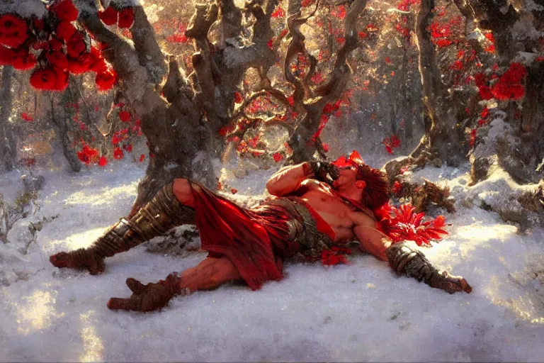 Image similar to winter, a male warrior relaxing under a huge tree with red flowers, sun shining on him, god ray, ground covered with snow, fantasy, painting by gaston bussiere, craig mullins, j. c. leyendecker, trending on artstation