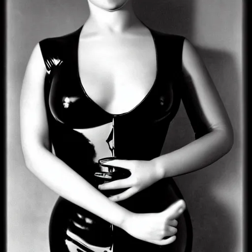 Prompt: old monochrom photography of a beautiful woman wearing a black latex dress by man ray, alfred ghisoland, george edward hurrell, 4 k,