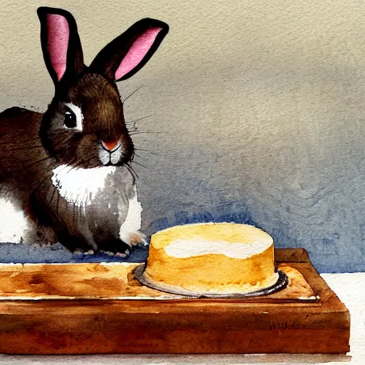 Image similar to a rabbit putting a cake into the oven in a beautiful french rustic kitchen, realistic watercolour