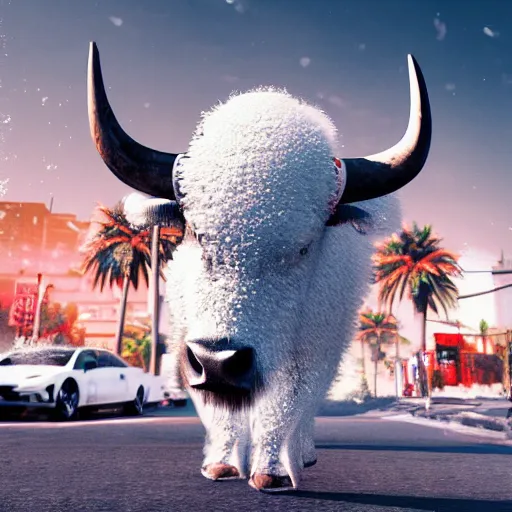 Image similar to a buffalo in the urban streets, cocaine buffalo, covered in white flour, white powder bricks, miami heat colors, south beach colors, 8 k, dynamic lighting, hdr, trending on artstation, ultra detailed, professional illustration, unreal engine