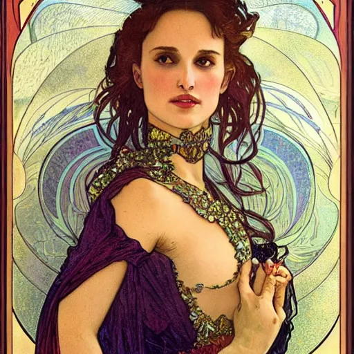 Prompt: natalie portman portrait by louis - theophile hingre and alphonse mucha, realistic, sharp focus, zodiac signs, tarot cards, planets, ethereal, art nouveau, magic, moon, sun, crown, dreamy, royal, jewellery