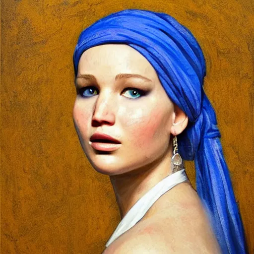 Image similar to portrait of Jennifer Lawrence in the style of Girl with a Pearl Earring by Johannes Vemeer, oil painting, masterpiece, old master, grand master, symmetrical facial features, intricate, elegant, digital painting, concept art, smooth, sharp focus, illustration, from StarCraft by Ruan Jia and Mandy Jurgens and Artgerm and William-Adolphe Bouguerea, rule 34