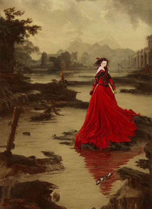 Prompt: woman in dark and red princess dragon armor, she is holding a katana sword, walking on an ancient flooded bridge. by william henry hunt