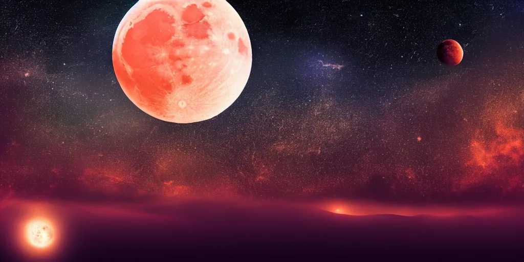 Image similar to moon setting, space, galaxy, milkyway, nebula, Mars, planets, neon, cinematic, realistic, glow, beautiful,